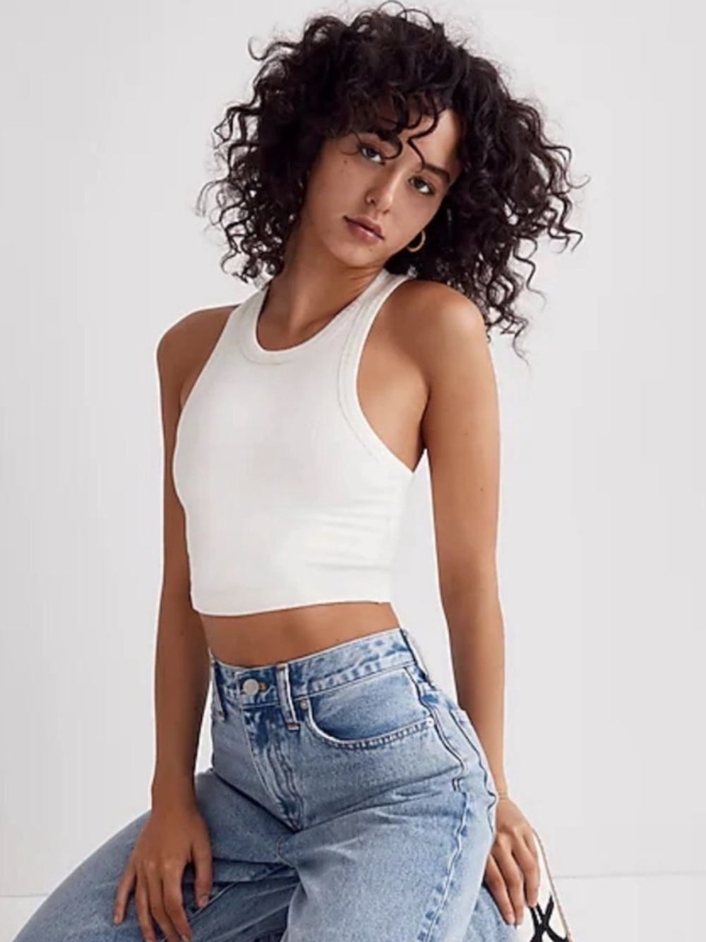 Madewell White Cropped Rib Tank Top size medium 88% cotton